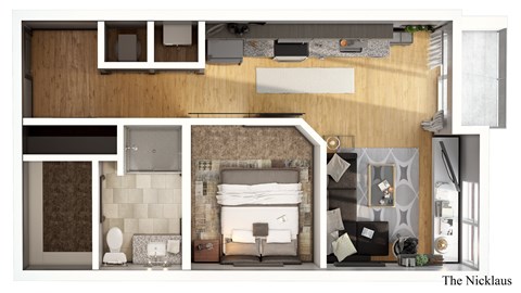 A 3D rendered image of a room layout titled "The Nicklaus".